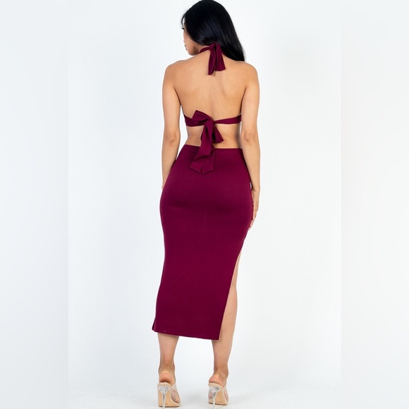 NEW Burgundy Wine Front Cut Out Halter Neck Back Tie Midi Dress - Picture 8 of 10
